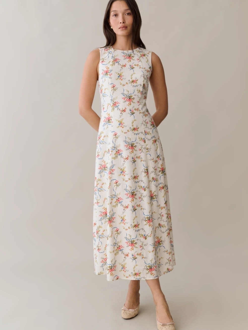 Few Moda Sleeveless Cream Floral Midi Dress with Pink & Blue Blooms
